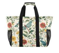 Quteprint Grande borsa da viaggio impermeabile per donne e uomini, vintage libellula, erbe aromatiche, fiori, borsa da spiaggia in tela con fodera e tasche, riutilizzabile, per generi alimentari