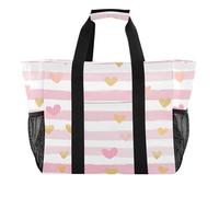Quteprint Grande borsa tote da viaggio impermeabile per donne e uomini, a righe con cuori rosa e oro, borsa da spiaggia in tela con fodera e tasche, riutilizzabile, per generi alimentari, lavanderia