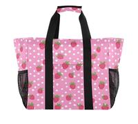 Quteprint Grande borsa tote da viaggio impermeabile per donne e uomini, borsa da spiaggia in tela rosa a pois con fragole con fodera e tasche, riutilizzabile per generi alimentari, lavanderia, cucina