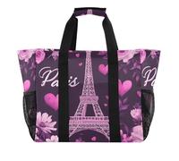 Quteprint Grande borsa tote da viaggio impermeabile per donne e uomini, con fiori Torre Eiffel Parigi, borsa da spiaggia in tela con fodera e tasche, riutilizzabile, per generi alimentari, lavanderia