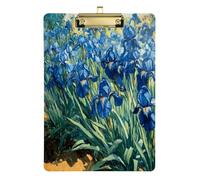 Quteprint Irises Vincent Van Gogh - Lavagna portablocco in acrilico, 22,9 x 31,8 cm, trasparente, antigraffio, con clip in metallo (oro) e gancio da parete, spessore 0,6 cm, per ufficio, classe