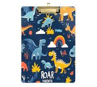 Quteprint Lavagna portablocco in acrilico con dinosauri colorati in stile cartone animato, 22,9 x 31,8 cm, trasparente, resistente ai graffi, con clip in metallo (oro) e gancio da parete, spessore 0,6