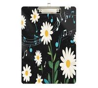 Quteprint Lavagna portablocco in acrilico con note musicali e margherite, 22,9 x 31,8 cm, trasparente, antigraffio, con clip in metallo (argento) e gancio da parete, spessore 0,6 cm, per ufficio