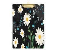 Quteprint Lavagna portablocco in acrilico con note musicali floreali e margherite, 22,9 x 31,8 cm, trasparente, resistente ai graffi, con clip in metallo (oro) e gancio da parete, spessore 0,6 cm, per