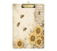 Quteprint Lavagna portablocco vintage in acrilico con api girasoli e api da miele 22,9 x 31,8 cm, trasparente, antigraffio, con clip in metallo (oro) e gancio da parete, spessore 0,6 cm, per ufficio