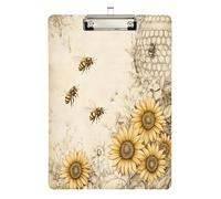 Quteprint Lavagna portablocco vintage in acrilico con api girasoli e api da miele 22,9 x 31,8 cm, trasparente, antigraffio, con clip in metallo (argento) e gancio da parete, spessore 0,6 cm, per