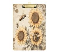 Quteprint Lavagna portablocco vintage in acrilico con api miele, girasoli, 22,9 x 31,8 cm, trasparente, antigraffio, con clip in metallo (oro) e gancio da parete, spessore 0,6 cm, per ufficio, classe