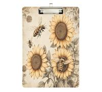 Quteprint Lavagna portablocco vintage in acrilico con api miele, girasoli, 22,9 x 31,8 cm, trasparente, antigraffio, con clip in metallo (argento) e gancio da parete, spessore 0,6 cm, per ufficio
