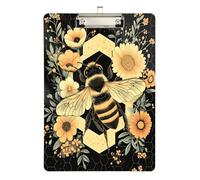 Quteprint Lavagnetta portablocco esagonale in acrilico con api miele e fiori, 22,9 x 31,8 cm, trasparente, antigraffio, con clip in metallo (argento) e gancio da parete, spessore 0,6 cm, per ufficio