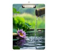 Quteprint Lavagnetta portablocco giapponese in bambù con fiore di loto zen, 22,9 x 31,8 cm, trasparente, antigraffio, con clip in metallo (argento) e gancio da parete, spessore 0,6 cm, per ufficio