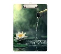 Quteprint Lavagnetta portablocco in acrilico con fiore di loto zen giapponese, 22,9 x 31,8 cm, trasparente, antigraffio, con clip in metallo (argento) e gancio da parete, spessore 0,6 cm, per ufficio