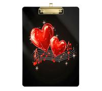Quteprint Lavagnetta portablocco in acrilico con note musicali, cuori rossi, 22,9 x 31,8 cm, trasparente, antigraffio, con clip in metallo (oro) e gancio da parete, spessore 0,6 cm, per ufficio