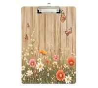Quteprint Lavagnetta portablocco in legno con fiori primaverili e farfalle, 22,9 x 31,8 cm, trasparente, antigraffio, con clip in metallo argentato e gancio da parete, spessore 0,6 cm, per ufficio