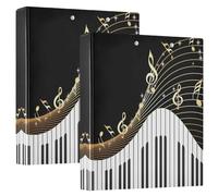 Quteprint Raccoglitore ad anelli con 3 anelli, tasti di pianoforte, note musicali, dorati, 3,8 cm, con 3 tasche interne trasparenti, organizer con portablocco, per ufficio, casa, scuola, contiene 200