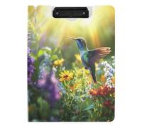 Quteprint Raccoglitore pieghevole con colibrì, fiori colorati luce del sole, cartella portablocco A4 con doppie clip in metallo, slot per penna, resistente all'acqua, organizer per documenti per