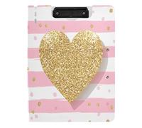 Quteprint Raccoglitore pieghevole con strisce dorate glitterate a forma di cuore, formato A4, con doppie clip in metallo, slot per penna, resistente all'acqua, per ufficio, scuola, lavoro