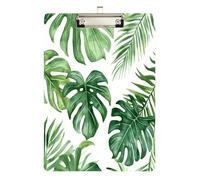 Quteprint Tavoletta portablocco in acrilico con foglie verdi tropicali ad acquerello, 22,9 x 31,8 cm, trasparente, antigraffio, con clip in metallo (argento) e gancio da parete, spessore 0,6 cm, per