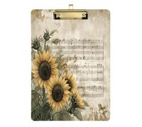 Quteprint Tavoletta portablocco vintage con note musicali girasole in acrilico, 22,9 x 31,8 cm, trasparente, antigraffio, con clip in metallo (oro) e gancio da parete, spessore 0,6 cm, per ufficio