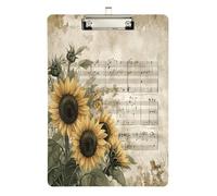 Quteprint Tavoletta portablocco vintage con note musicali girasole in acrilico, 22,9 x 31,8 cm, trasparente, antigraffio, con clip in metallo (argento) e gancio da parete, spessore 0,6 cm, per ufficio