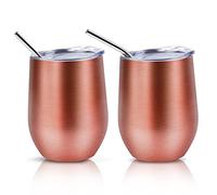 QUTHZZHY 2pcs Bicchieri da Vino Termici in Acciaio Inossidabile, Tazza da Viaggio per Caffe, Tazza Isolata Sottovuoto a Doppio Stratoinox con Coperchi e Cannucce per i Picnic, Campeggio, Viaggio