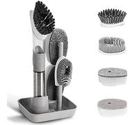 QUTHZZHY Set 4 in 1 per la pulizia dei piatti, con 4 testine di ricambio e supporto, spazzola da cucina per la pulizia di piatti, pentole, padelle e lavelli, colore: grigio