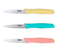 QUTTIN Set di coltelli da cucina, 3 pezzi in acciaio inox, coltelli da cucina multicolor per sbucciare frutta e verdura, impugnatura ergonomica in polipropilene, gamma Samba. Giallo, blu e rosa