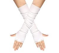 QUUPY 1 paio di guanti classici neri alla moda a foglia di loto elasticizzati senza dita guanti lunghi gomito foro per pollice scaldamuscoli inverno autunno manica braccio per donne ragazze, bianco,