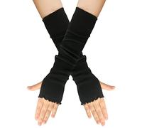 QUUPY 1 paio di guanti classici neri alla moda a foglia di loto elasticizzati senza dita guanti lunghi gomito foro per pollice scaldamuscoli inverno autunno manica braccio per donne ragazze