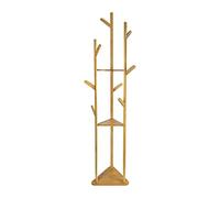 QUVIO Appendiabiti da Terra, Attaccapanni, con 3 ripiani e 9 ganci, Base in Piastra Quadrata, Stand Appendiabiti per Ingresso, Corridoio, Entrata, Legno, 32,5 x 36 x 164 cm (Marrone chiaro)