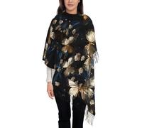 QUWJLK Sciarpa con nappe e stampa di farfalle bianche e oro su sfondo nero per autunno/inverno - Sciarpa leggera con frange per donna, ideale come scialle da viaggio o pashmina.