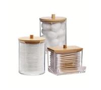 QuxetlRyz Confezione da 3 Dispenser di Cotton fioc, Set con Supporto, Organizer Coperchio for dischetti Cotone, sali Bagno Porta Cotone/Bastoncini Cotonati(Wood Lid)