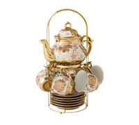 QUXVUIS Delizioso Set da 20 Tazze e piattini da tè con Supporto in Metallo per Il pomeriggio e 1 ripiano portaoggetti. Set di Tazze e piattini in Ceramica per nordica.