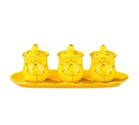 QUXVUIS Set di tazze in ceramica con motivo a loto, tazza Guanyin con coperchio, trio e acqua per Buddha in rilievo, set da tre pezzi insieme, motivo a loto rilievo, tè ceramica, giallo