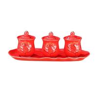 QUXVUIS Set di tazze in ceramica con motivo a loto, tazza Guanyin con coperchio, trio e acqua per Buddha in rilievo, set da tre pezzi insieme, motivo a loto rilievo, tè ceramica, rosso
