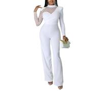 QUYBSGWJ Tuta Elegante Da Donna in Rete Con Maniche Lunghe Collo Alto Tinta Unita E Vita Alta,Bianca,S