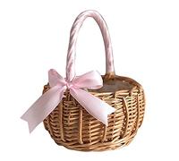 Quystetes Cesto di fiori in vimini intrecciato, con manico e nastro rosa, cestino per damigelle nuziali, decorazione per casa e giardino (S)