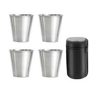 Quystetes Set di 4 bicchierini da shot in acciaio inox, impilabili, con borsa in pelle, per esterni