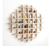 QVK Espositore rotondo in legno, display a parete in vetro e scatola portaoggetti, design multi-compartimento, sfondo per vetrina. Colore Tung bruciato-Lightly Burned Paulownia