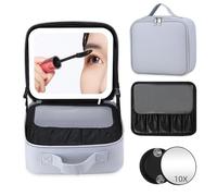 QWANPET Beauty case da viaggio con specchio a LED, trousse per trucchi con 3 luci LED colorate e specchio ingranditore 10x, borsa organizer portatile con divisori regolabili, porta pennelli da trucco,
