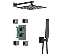 QWAXTRIW Sistema Doccia termostatico a Pioggia Nera con 4 getti Spray per Il Corpo, Set di rubinetti per Doccia a Parete, Miscelatore in Ottone, soffione Doccia e doccetta combinata per la Massima