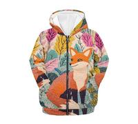 QWEFVB Calda felpa con cappuccio con cerniera e stampa animalier, per ragazze, vestibilità ampia, casual, per tutti i giorni, con cappuccio e tasca a marsupio, Volpe della foresta ricamata, S