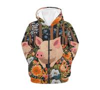 QWEFVB Calda felpa con cappuccio con cerniera e stampa animalier, per ragazze, vestibilità ampia, casual, per tutti i giorni, con cappuccio e tasca a marsupio, Divertente maiale floreale, L