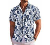 QWEFVB Camicia hawaiana da uomo a maniche corte con bottoni floreali camicie tropicali per vacanze e spiaggia, Bianco - Foglia di Pal, 4XL