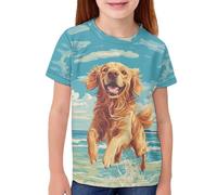 QWEFVB Camicie estive carine per ragazze 2-16 anni magliette a maniche corte per bambini maglietta novità t-shirt grafica casual abiti scolastici, Golden Retriever, 7-8 Anni