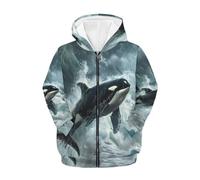 QWEFVB Divertente felpa con cappuccio con stampa grafica per ragazzi Athletic Loose Fit Zip Up Felpe con cappuccio per ragazzi Felpe con cappuccio con tasche, Balena assassina marina tempestosa, L
