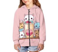 QWEFVB Felpa con cappuccio e cerniera, per ragazze, per l'autunno, 6-16 anni, 0 Gatto del latte, L