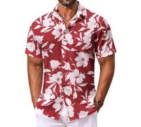 QWEFVB Maglietta hawaiana da uomo a maniche corte con bottoni floreali, camicia tropicale per vacanze e spiaggia, con tasca, Vino Rosso - Fiore Bianco, XL