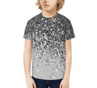 QWEFVB T-shirt girocollo con grafica a maniche corte per giovani con glitter grigio argento, morbida, confortevole, vestibilità rilassata, Nero , 13-14 anni