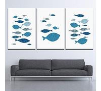 QWERGLL 3 Pannelli Oceano Astratto Pesce di Mare Corallo Blu Stampe su Tela Stampe per Poster Quadri Immagini Quadri Soggiorno Decor Opere d'Arte