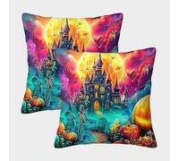 QWERTYUIOPD Castello Magico Notte Federe Cuscini 3D Set di 2 Federe Festa Della Zucca Decorazione Camera Letto Poliestere Cerniera Invisibile Bimbi Adulti 45x45cm